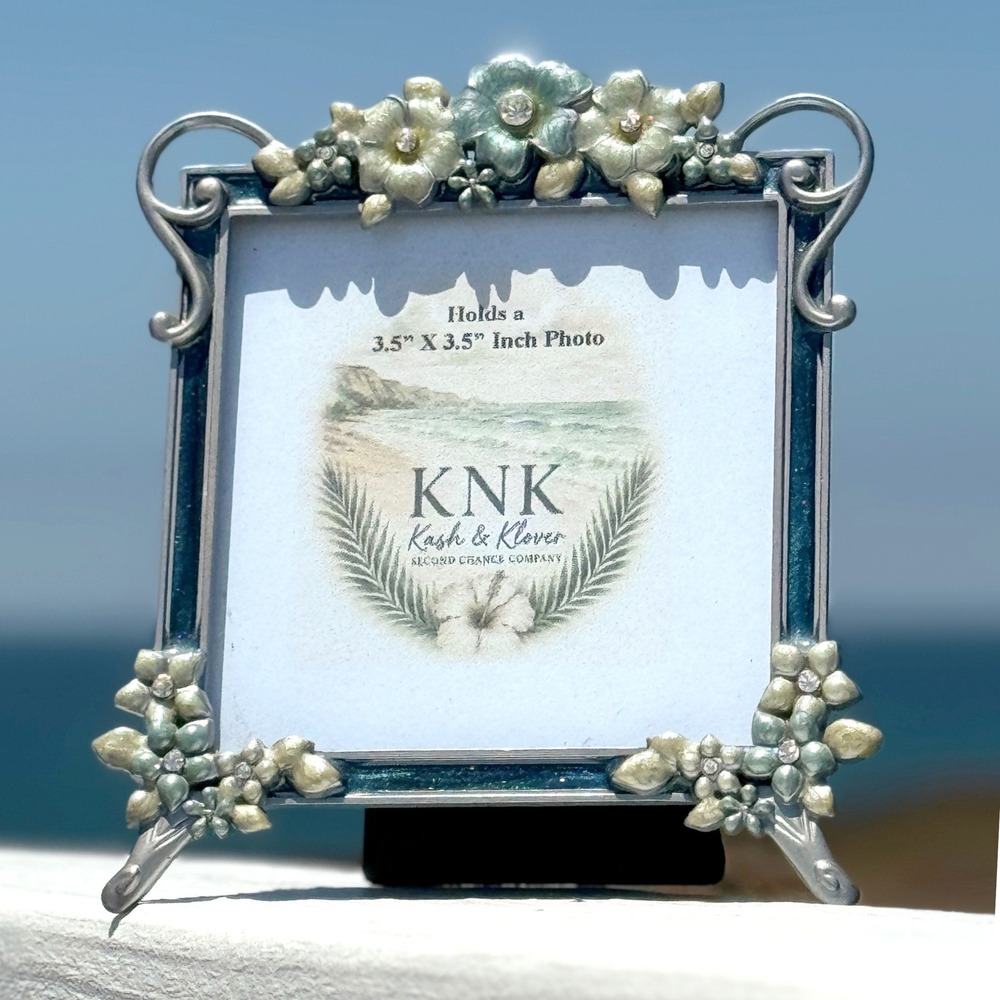 Floral Picture Frame Enamel Blue Green Rhinestone Silver Coastal Glam 3.5" Photo